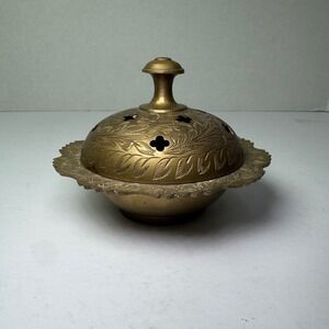 Vintage Solid Brass Incense Burner Carved Ornate Floral with Lid Made India MCM